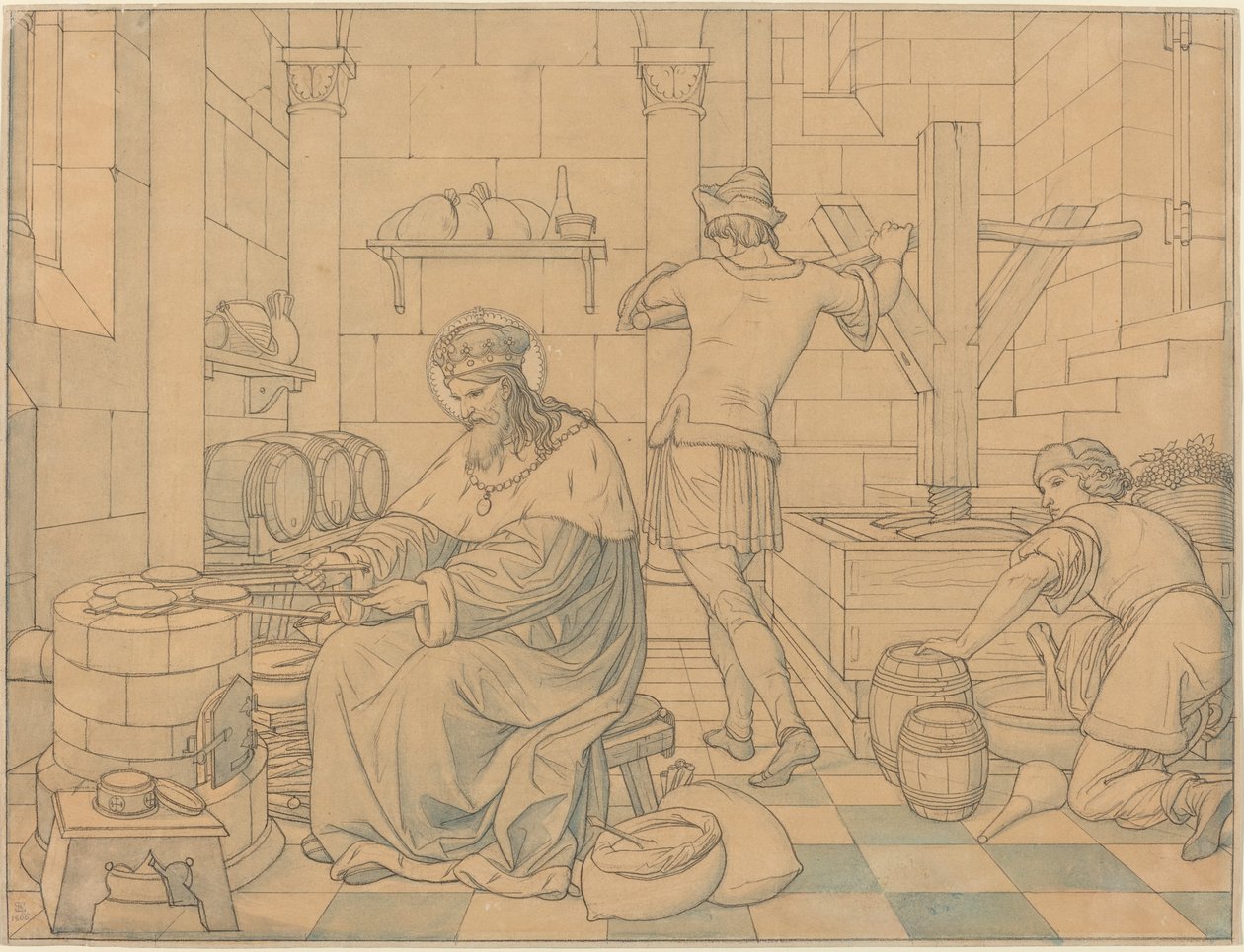 Saint Wenzel Cooking apresenta como Two Youths Press Wine de Edward Jakob von Steinle