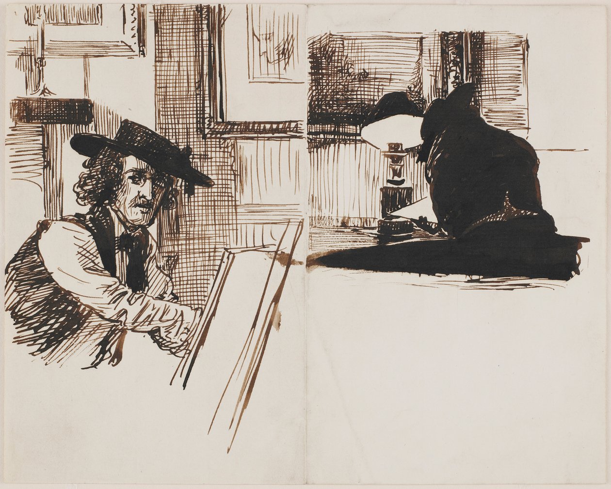 Whistler desenhando Poynter, vista traseira de um homem sentado em uma mesa perto de uma lâmpada acesa, 1860. de Edward John Poynter