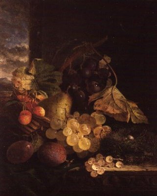Uma Natureza Morta com um Cesto de Frutas e um Ninho de Pássaros num Lado de Madeira de Edward Ladell