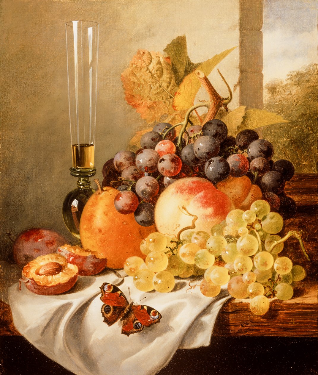 Frutas em uma borda drapeada com um almirante vermelho (óleo sobre tela) de Edward Ladell