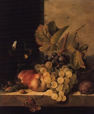 Uvas, Pêssegos e um copo de vinho em uma borda de Edward Ladell