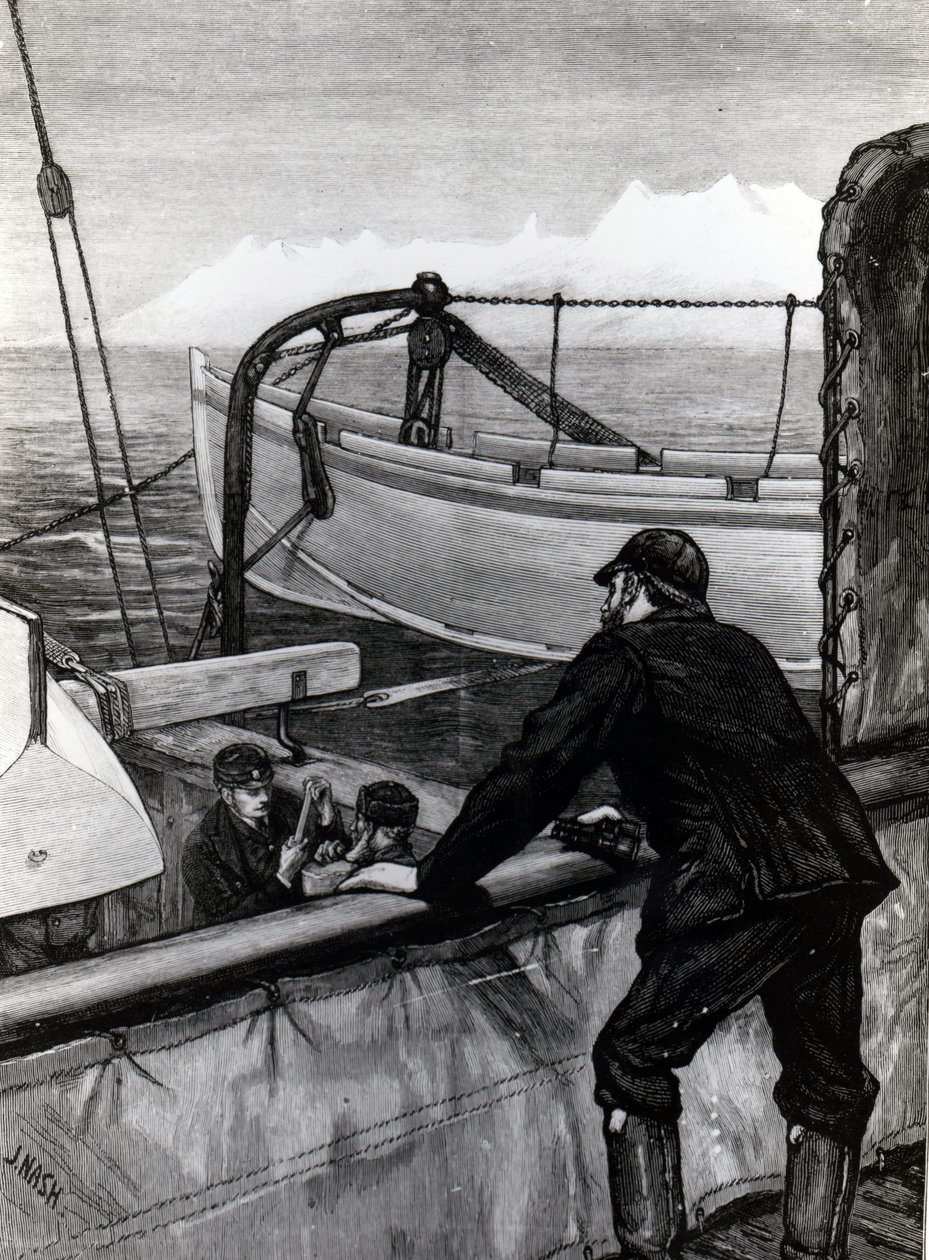 A Expedição Ártica - O &39;Alerta&39; perto de Holsteinborg, Groenlândia: Cortador de Sternpost de Iceboat on Skids, publicado em &39;The Graphic&39;, gravado por J. Nash, 1875 de Edward Lawton Moss