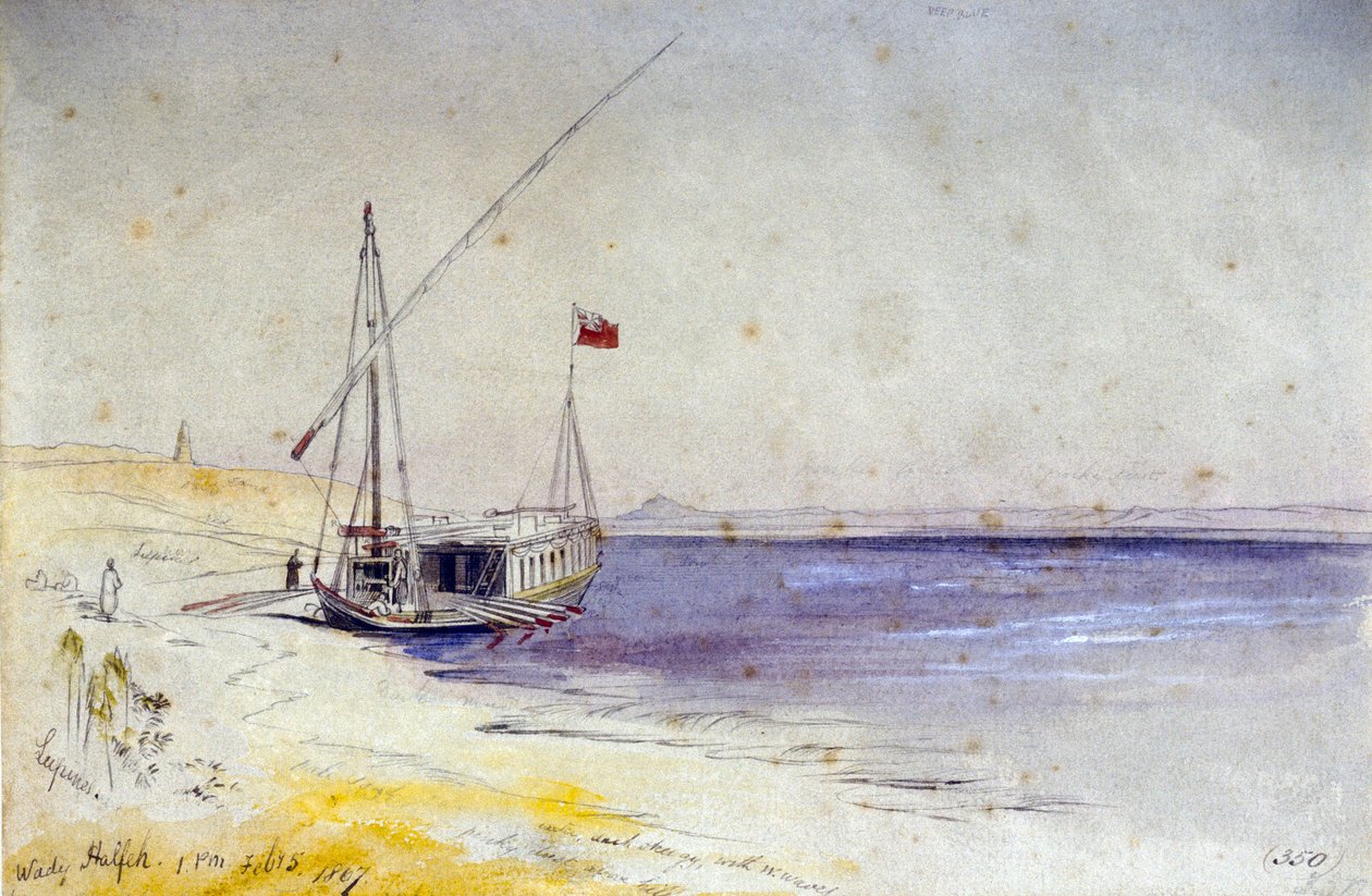 Um barco egípcio atracado na margem do Nilo, perto de Wady Halfeh (Egipto). Desenho a aguarela colorida de Edward Lear