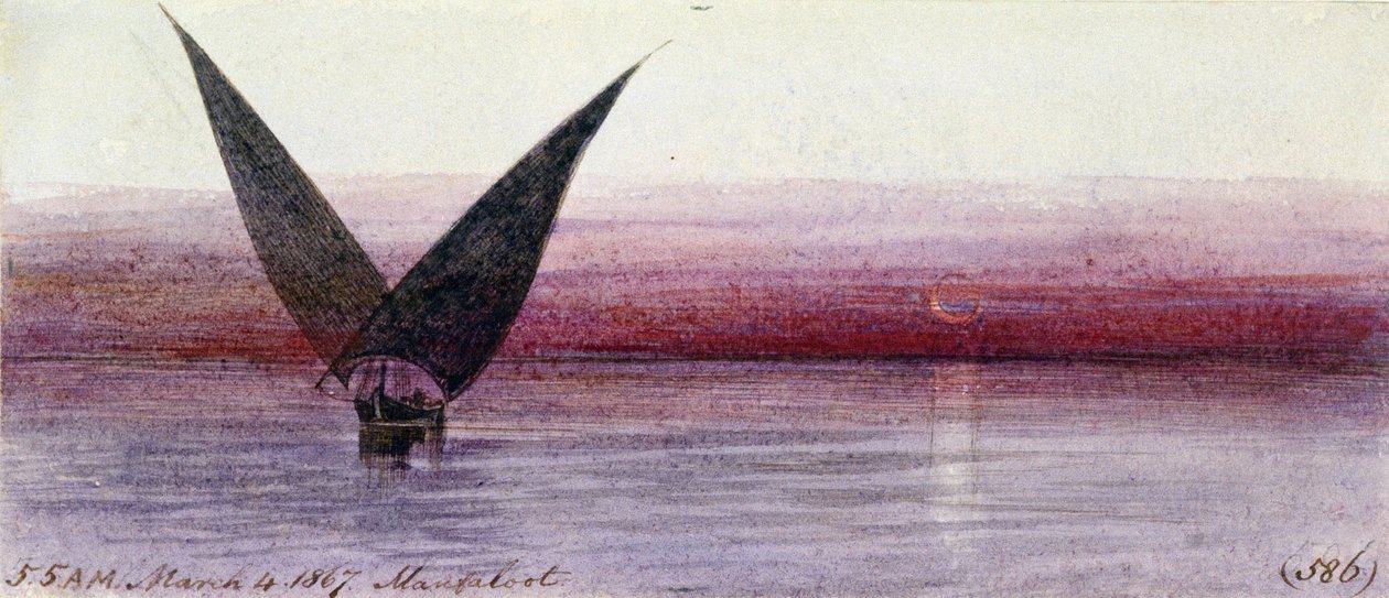 Um barco egípcio no Nilo, em Manfaloot (Egito). Desenho a aguarela colorida de Edward Lear