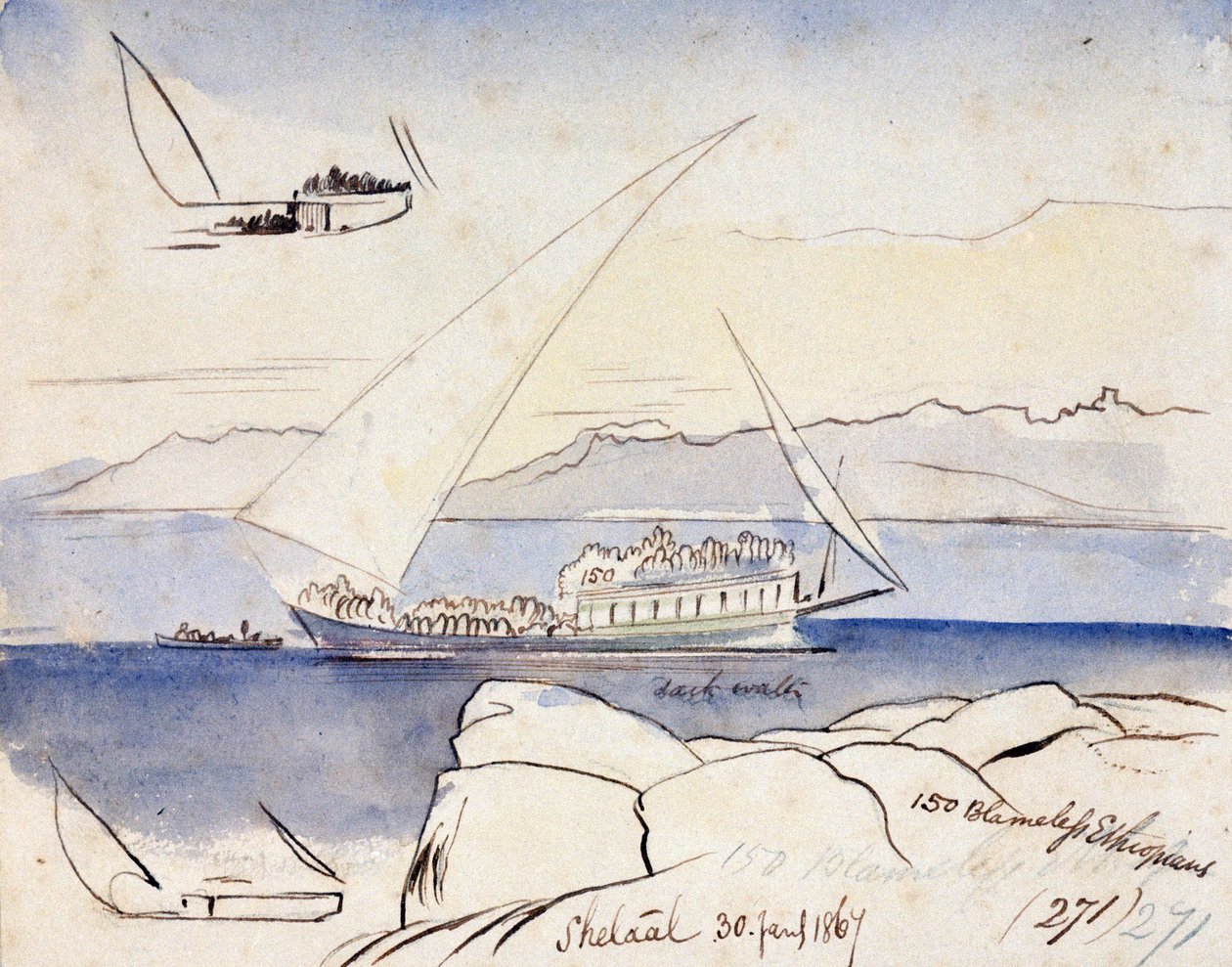 Um dhow egípcio no Nilo, perto de Shetaal (Egipto). Desenho a aguarela colorida de Edward Lear