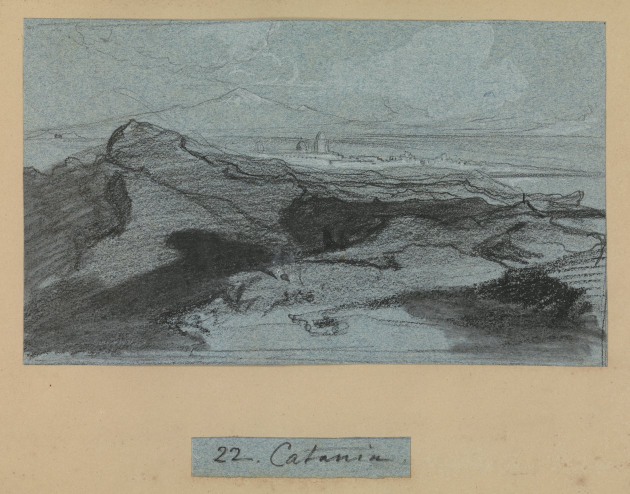 Catania, a partir de vistas da Sicília (giz e guache em papel azul) de Edward Lear