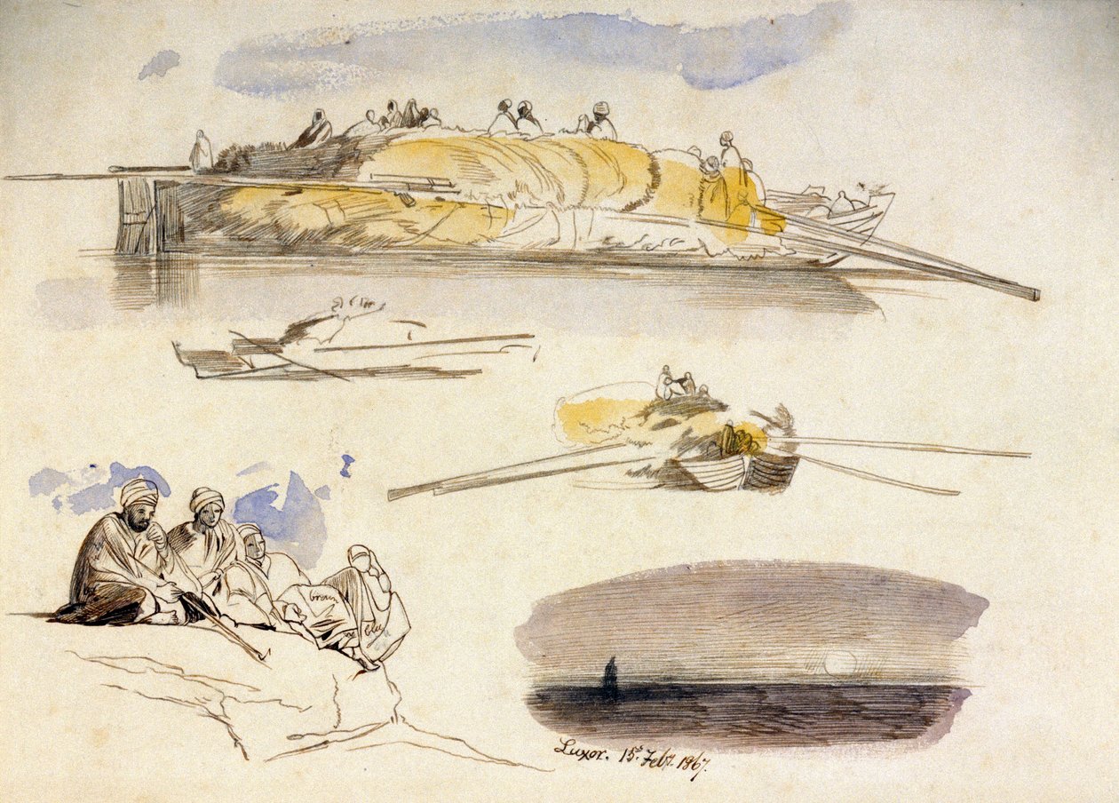 Cinco esboços de Luxor (Egipto), três vistas de uma casa flutuante carregada de palha, um esboço de cinco egípcios sentados e uma paisagem ao anoitecer de Edward Lear