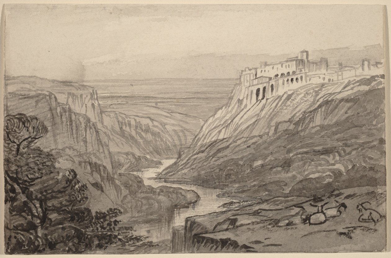 Cabras a descansar sobre um desfiladeiro de rio (Narni, Itália) de Edward Lear