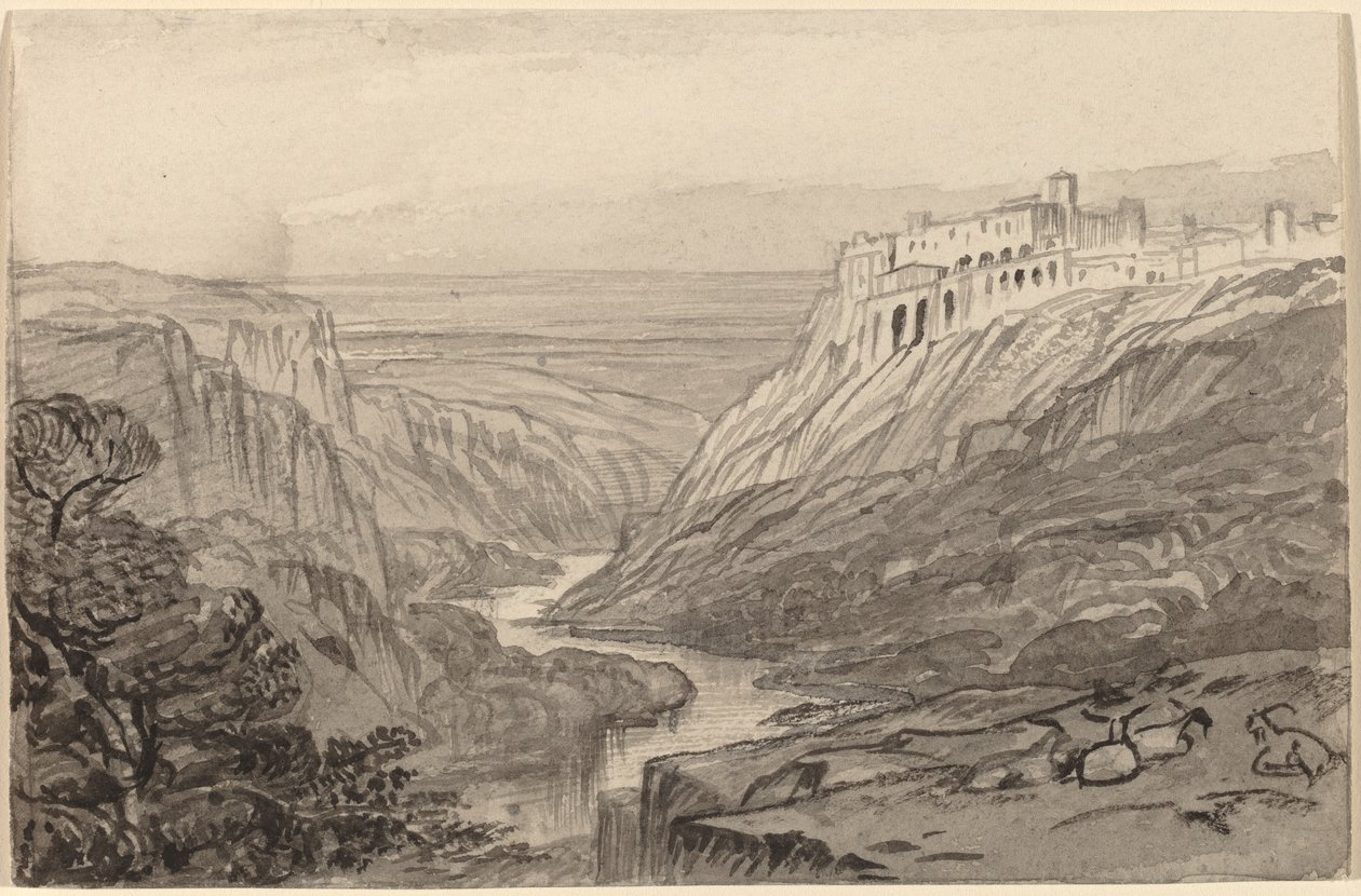 Cabras descansando acima de um desfiladeiro do rio Narni, Itália, 18841885. de Edward Lear