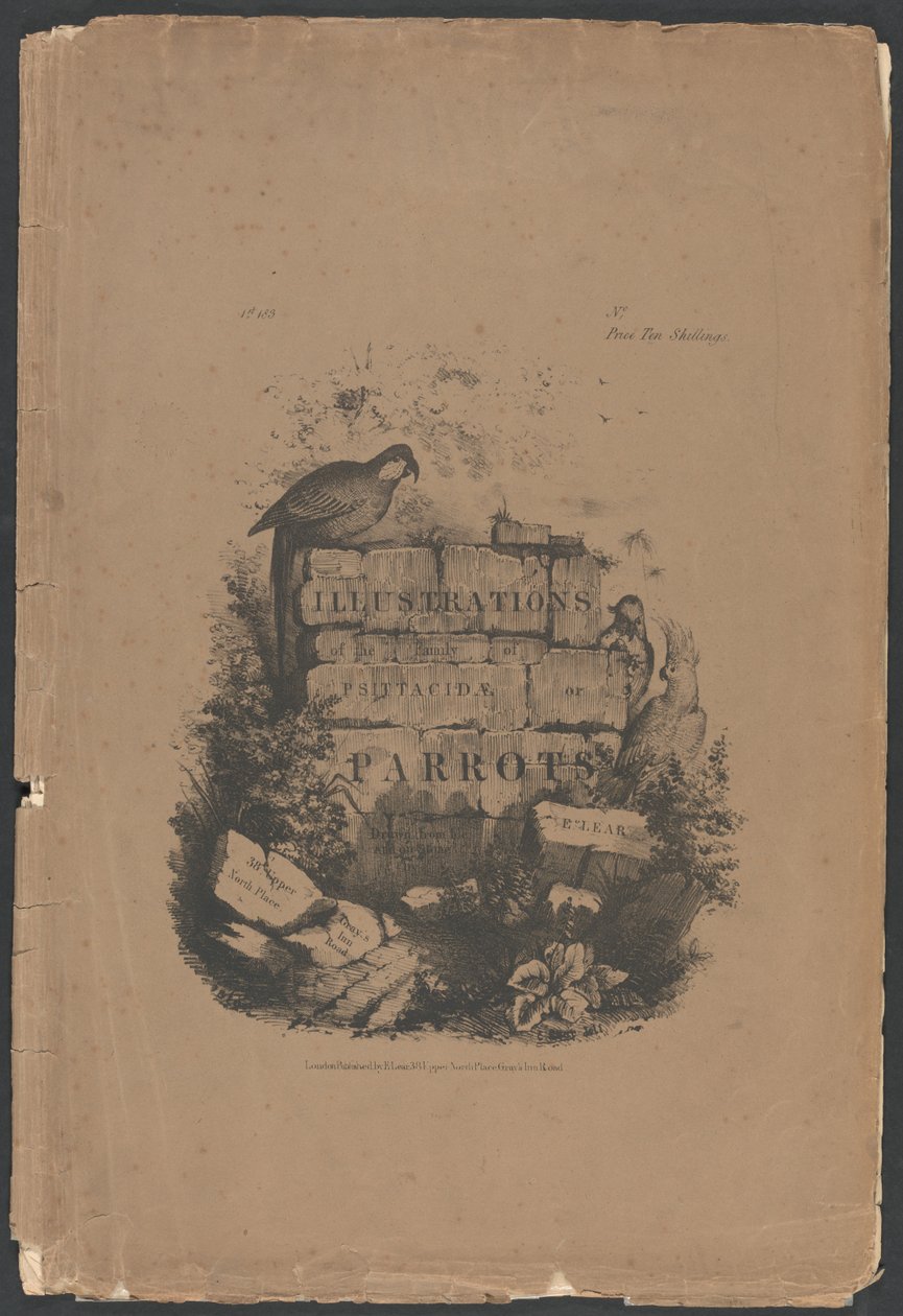 Ilustrações da família dos Psittacidae, ou papagaios, Parte 1: Capa em formato fólio, página de título, página de dedicatória, página dos assinantes de Edward Lear