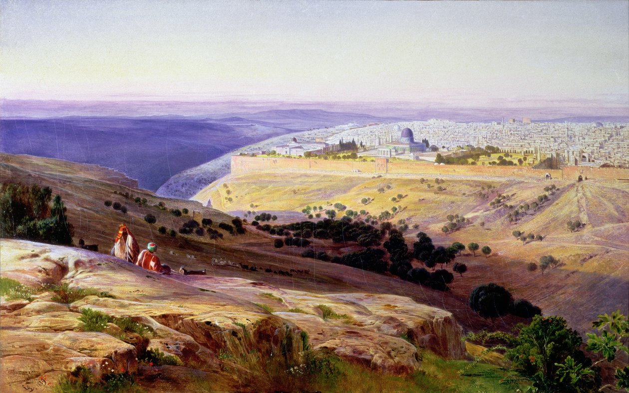 Jerusalém do Monte das Oliveiras, Sunrise, 1859 (óleo) de Edward Lear