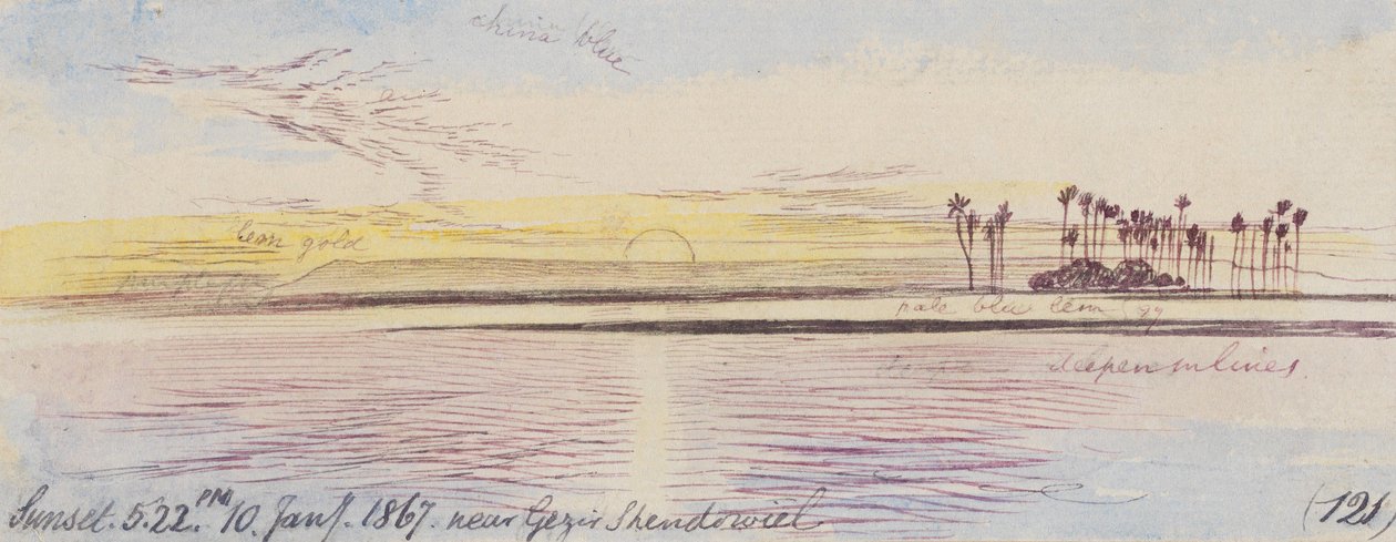 Perto de Gezir Shendowiel; pôr-do-sol, 17h22, 10 de janeiro de 1867 (121) de Edward Lear