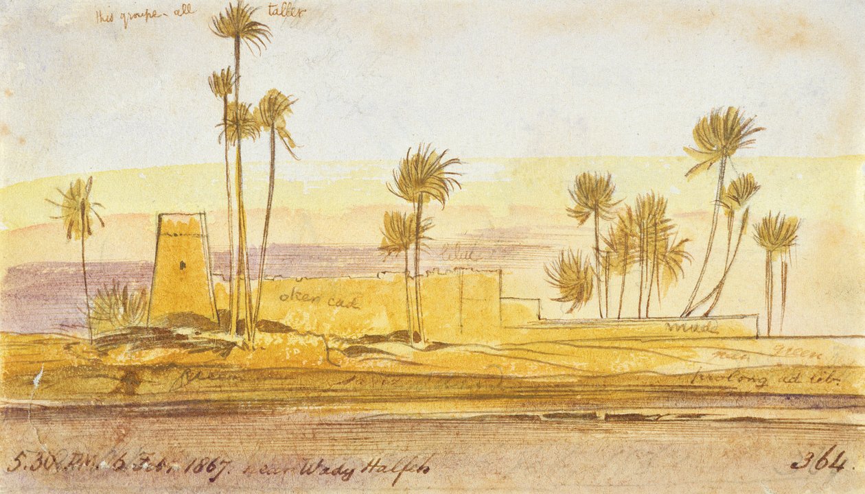 Perto de Wady Halfeh, 5:30 pm, 6 de fevereiro de 1867 (tinta e wc) de Edward Lear