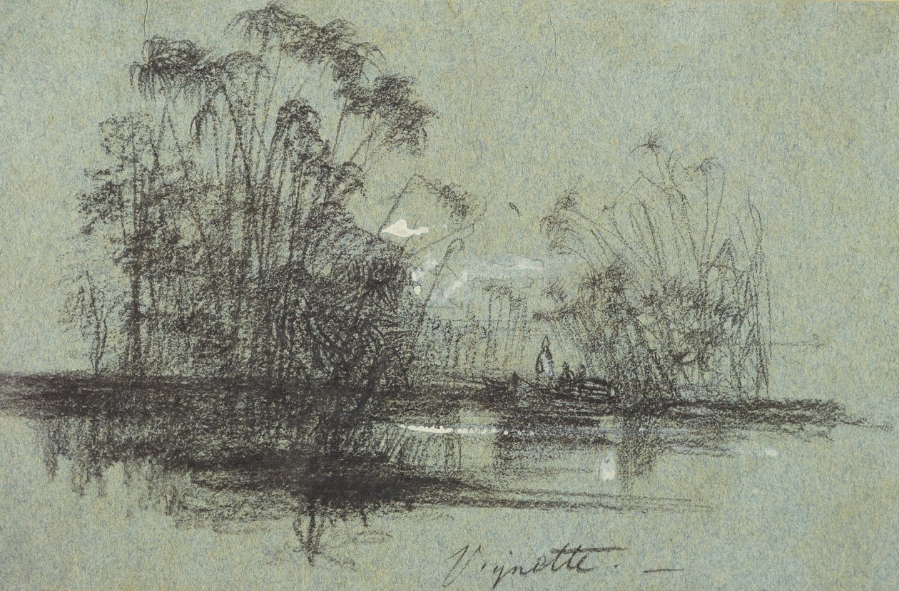 Papyrus on the Anapus, a partir de vistas da Sicília (giz preto e bodycolour em papel azul) de Edward Lear