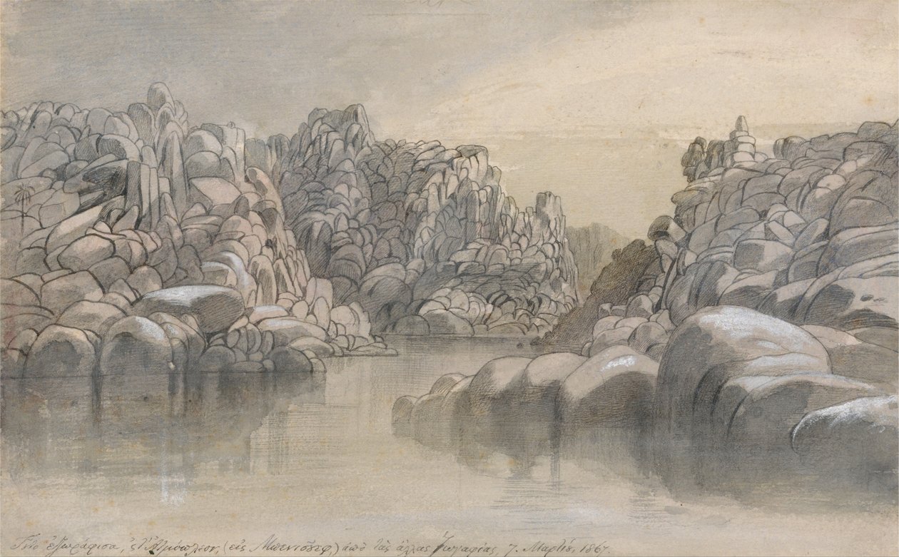 Passagem do rio entre penhascos rochosos semiáridos de Edward Lear