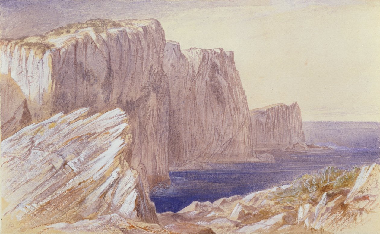 Sapphos Leap (Leucatas) Lefkas (wc sobre lápis aumentado com branco sobre papel) de Edward Lear