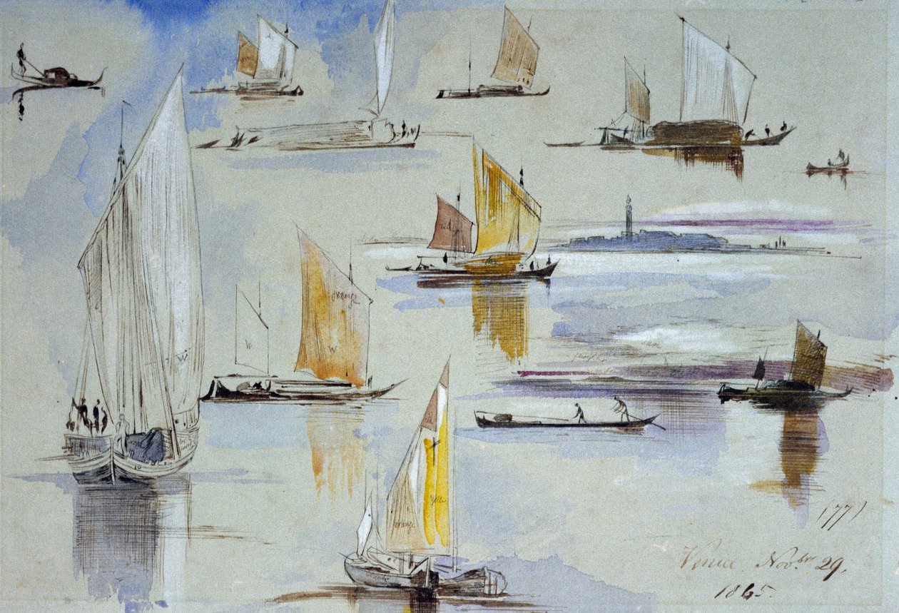 Estudos de barcos venezianos, com anotações. Pintura de Edward Lear (1812-1888) de Edward Lear