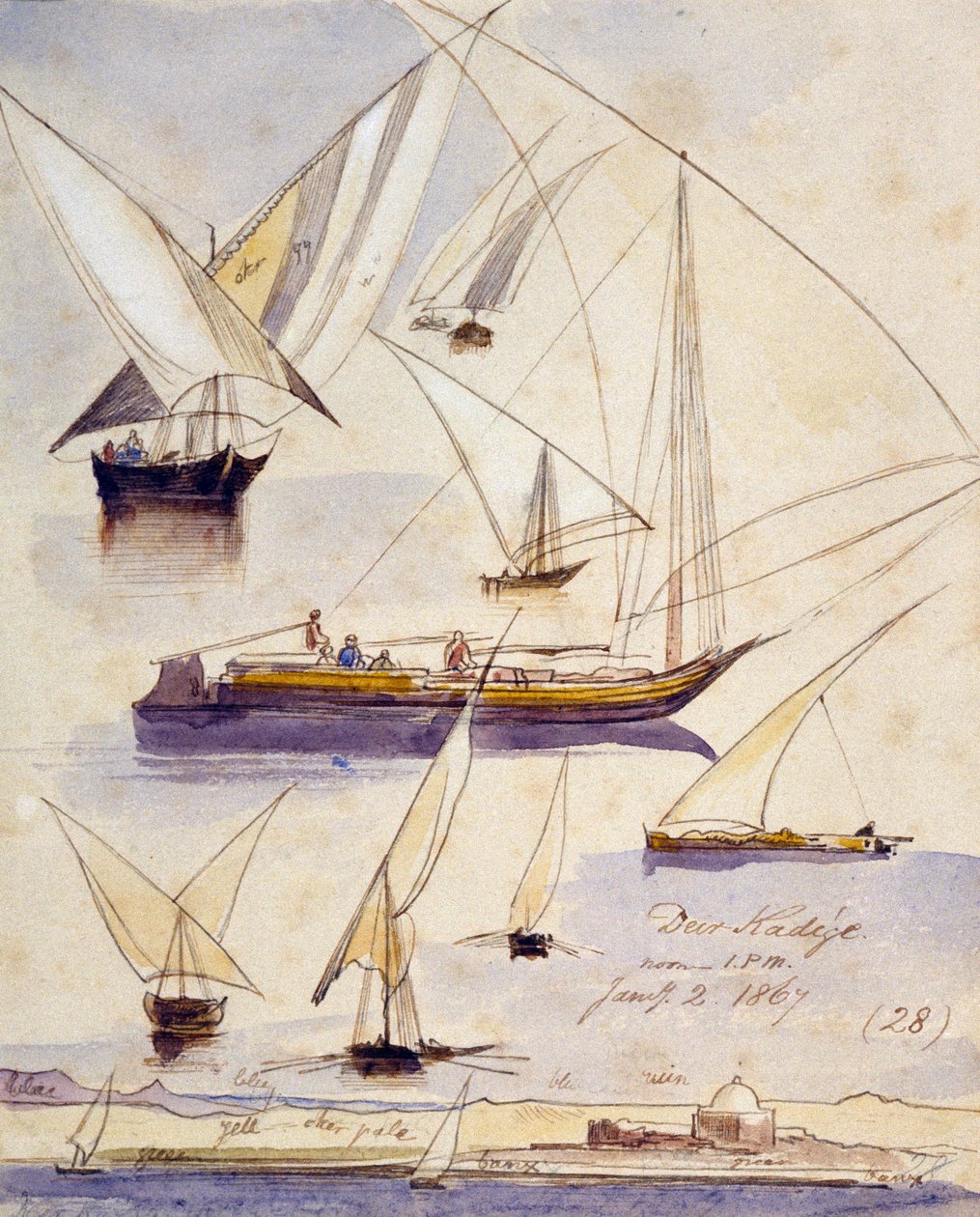 Estudos de vários barcos egípcios (incluindo dahabeeyahs e gyassis) perto de Deir KAdige (Egito) representados num trecho tranquilo e, no fundo da página, uma vista das margens do Nilo com uma mesquita de Edward Lear