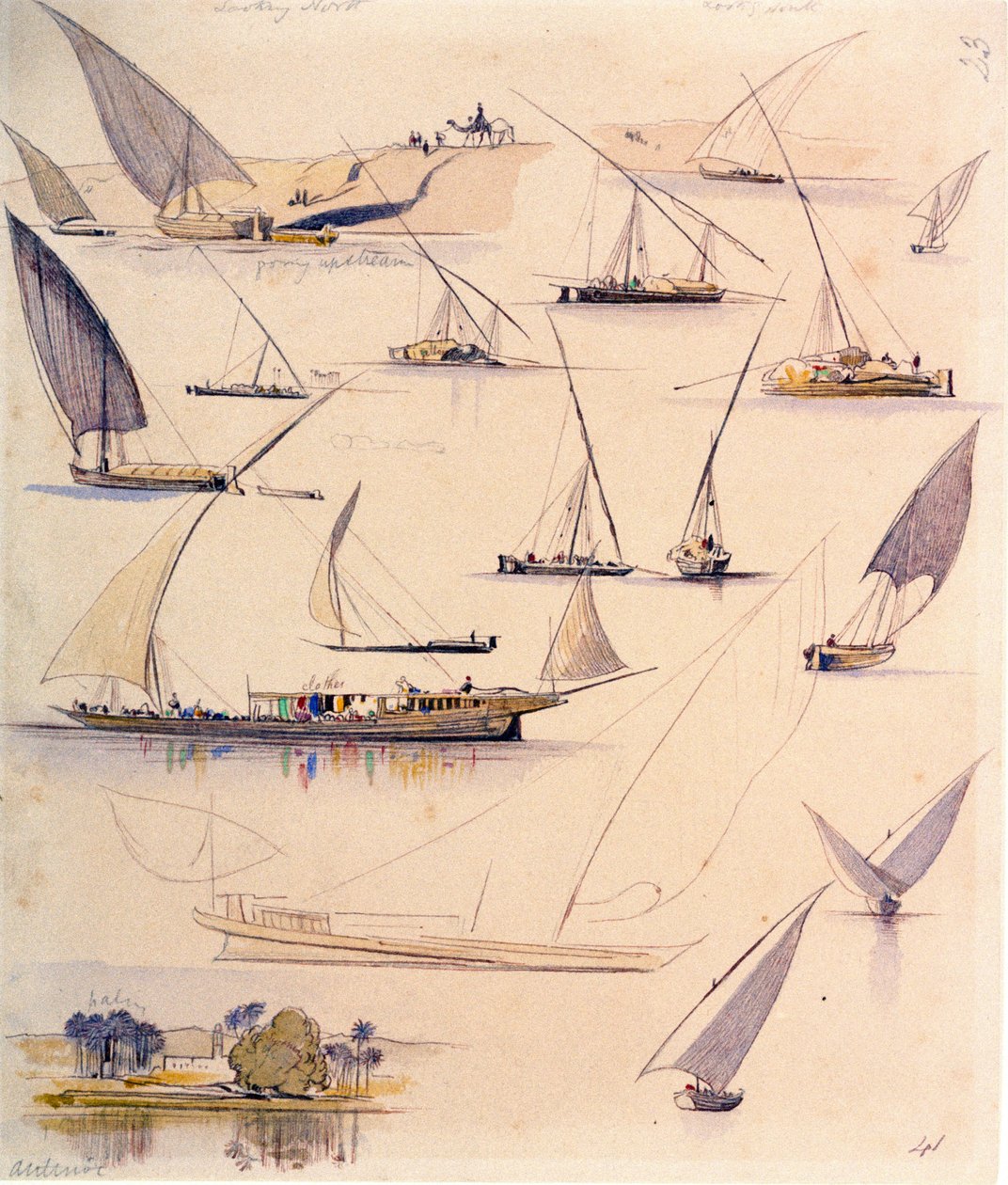 Estudos de vários barcos egípcios. Desenho a aguarela colorida de Edward Lear