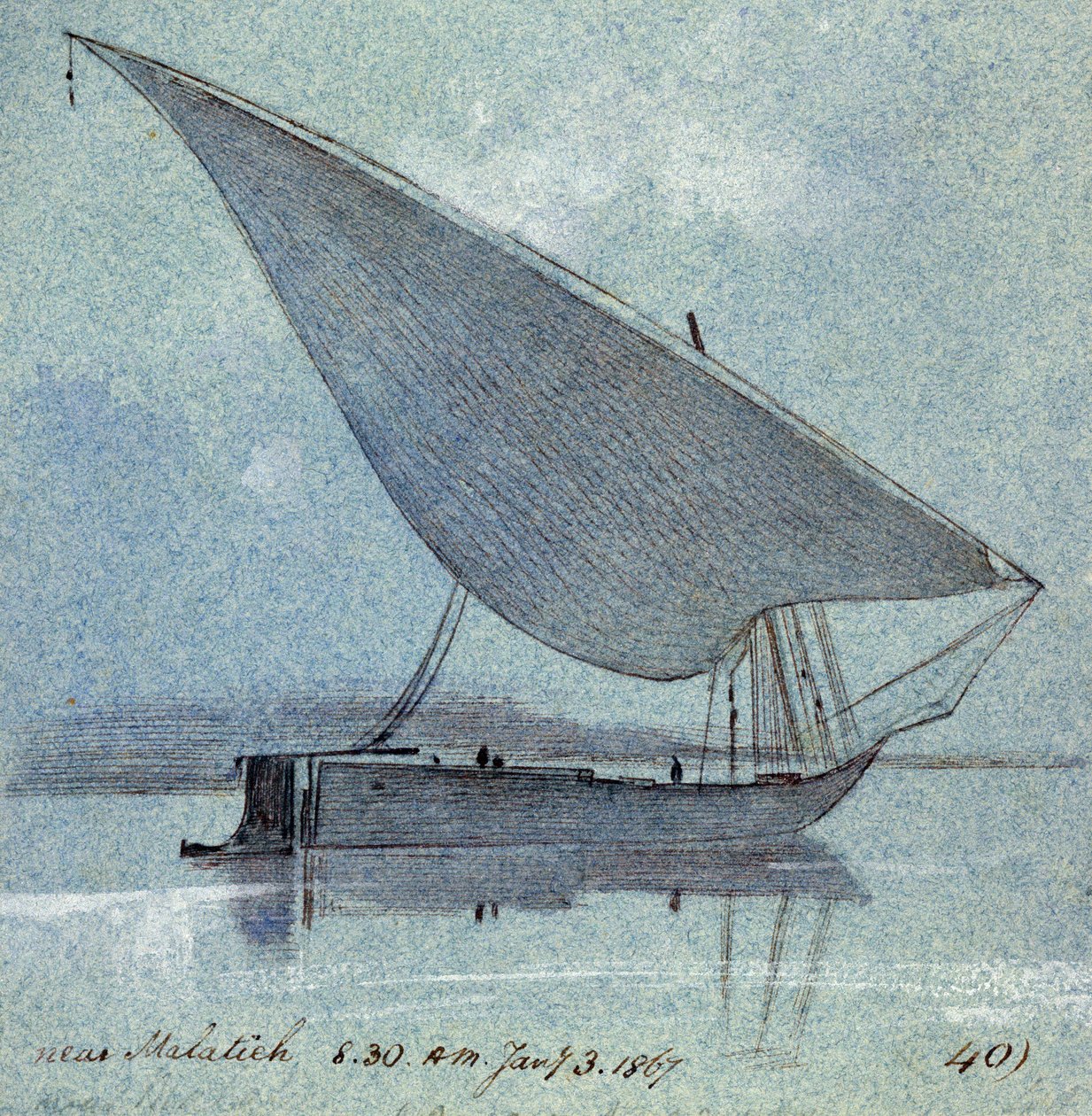 Estudo de um gyasi (barco egípcio) perto de Malatieh (ou Malatia, Egipto). Desenho a aguarela colorida de Edward Lear