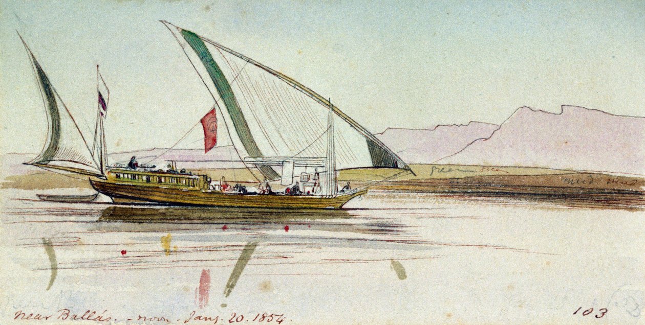 Estudo de um gyassi (barco egípcio), no Nilo, perto de Ballas (Egipto). Desenho a aguarela colorida de Edward Lear