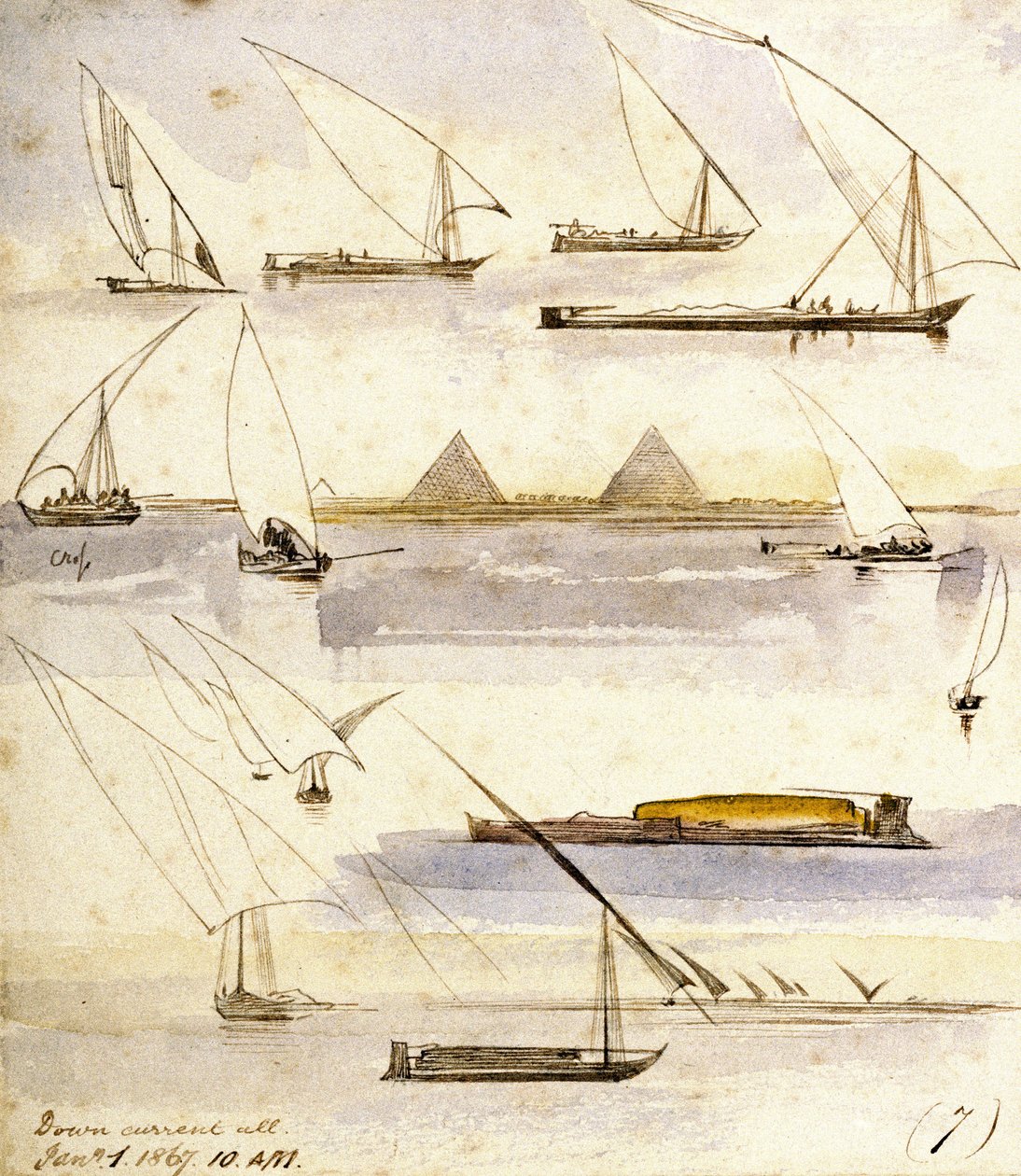 Estudo de vários barcos egípcios (Dahabeeyahs e Gyassis), com uma cena em frente às pirâmides de Gizé (Cairo) no meio da página de Edward Lear