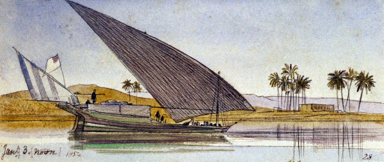 As margens do Nilo (Egipto), com um grande gyassi a passar. Desenho a aguarela colorida de Edward Lear