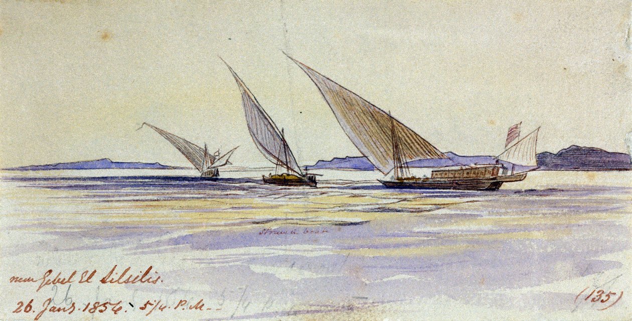 Três navios de transporte tradicionais egípcios, navegando no Nilo, perto de Gebel el-Silsila ou Gebel Silsileh (Egito) de Edward Lear