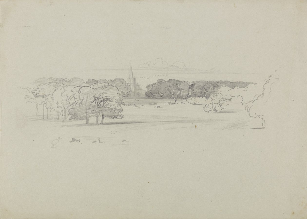 Vista de um prado em direção a uma igreja de Edward Lear