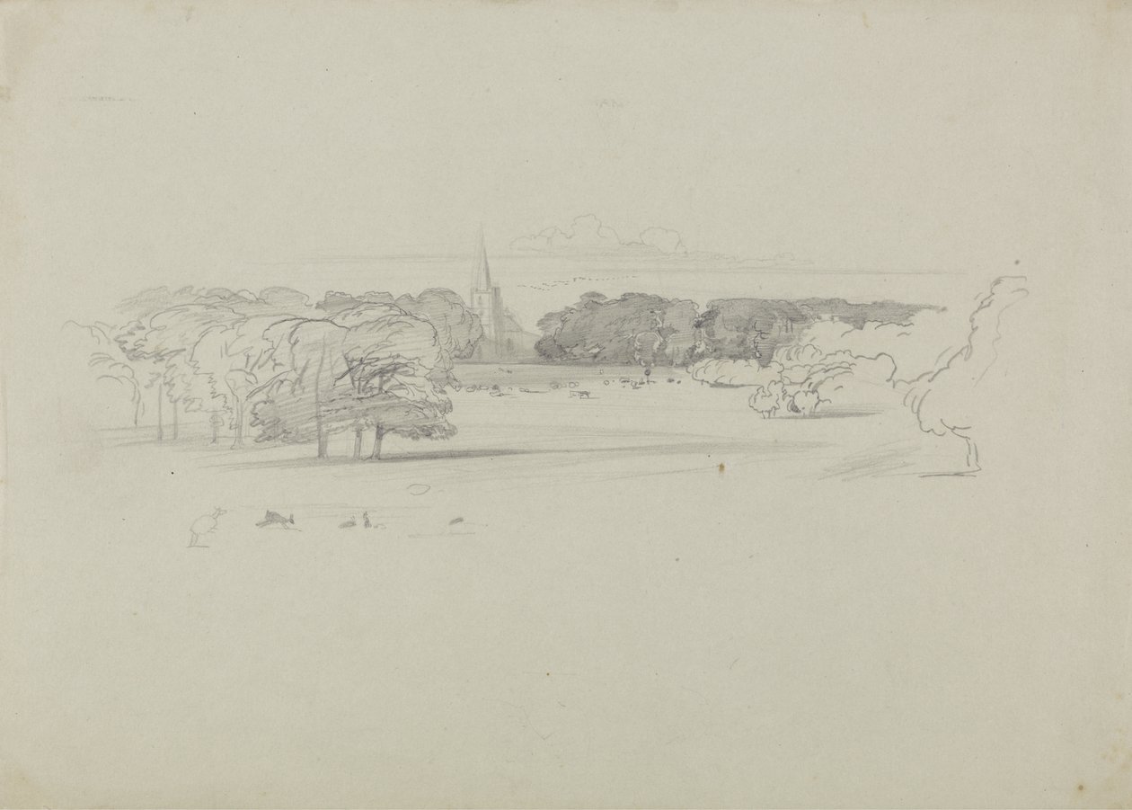 Vista através de um prado para uma igreja, 1834 (grafite em papel de tecido pesado verde) de Edward Lear