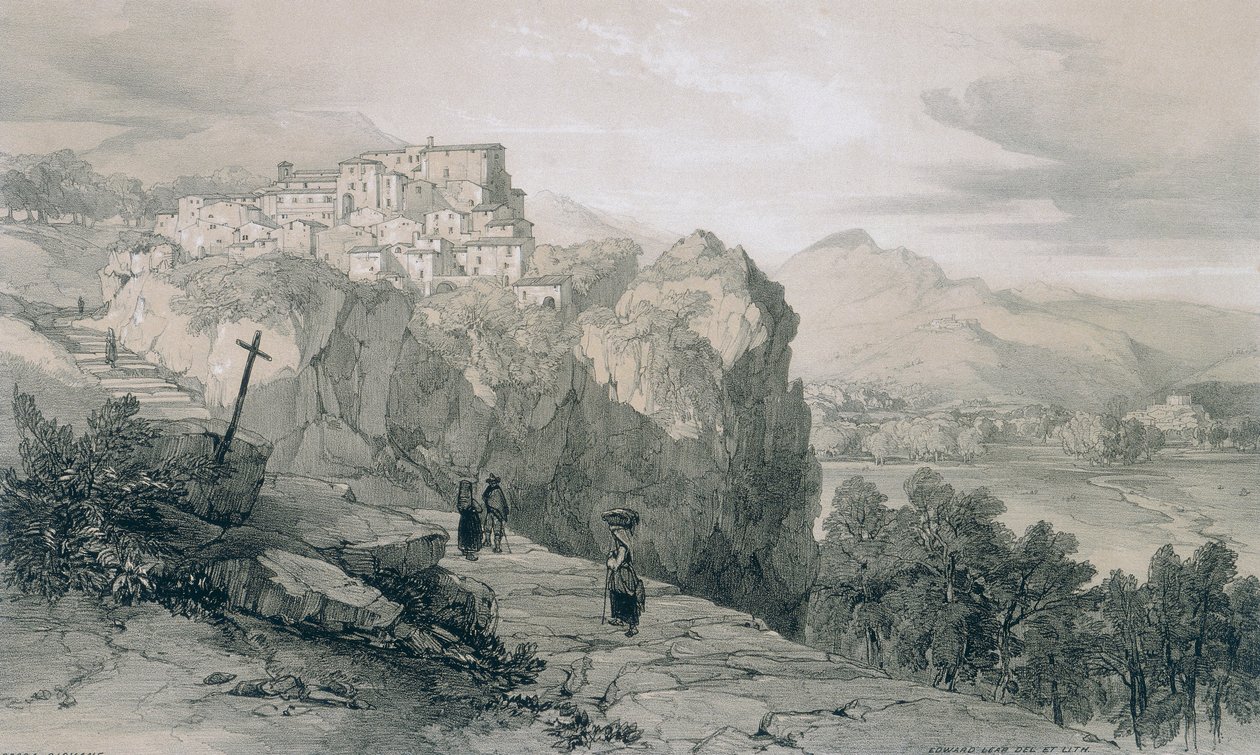 Visões em Roma e seus arredores: Rocca Young e à distância as Cidades de Licença e Civitella di Licenza de Edward Lear