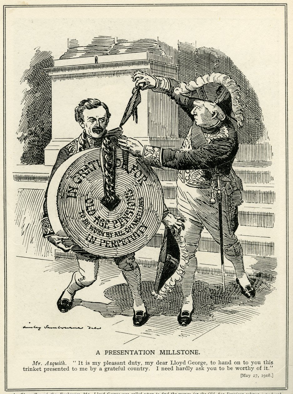 &39;A Presentation Millstone&39;, o Primeiro Ministro Asquith apresenta o Chanceler do Tesouro, Lloyd George, com o esquema de Pensões da Velhice, 1908 de Edward Linley Sambourne