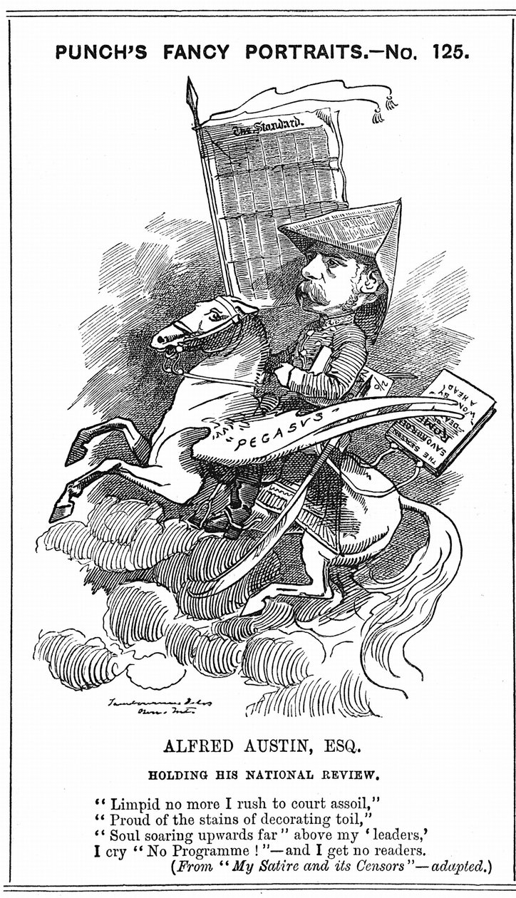 Alfred Austin (1835-1913), poeta britânico laureado em 1896. Desenho animado por Edward Linley Sambourne (1844-1910) na série Fancy Portraits em Punch, Londres, 3 de março de 1883, quando Austin se tornou editor da National Review. Gravura. de Edward Linley Sambourne
