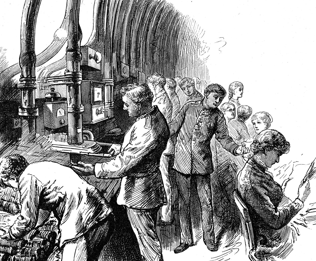 Gravura retratando o despacho pneumático que os Correios Gerais utilizavam para transportar as encomendas sob Londres. Edward Linley Sambourne (1844-1910), cartoonista e ilustrador inglês. Datação do século XIX ©UIG/Leemage de Edward Linley Sambourne