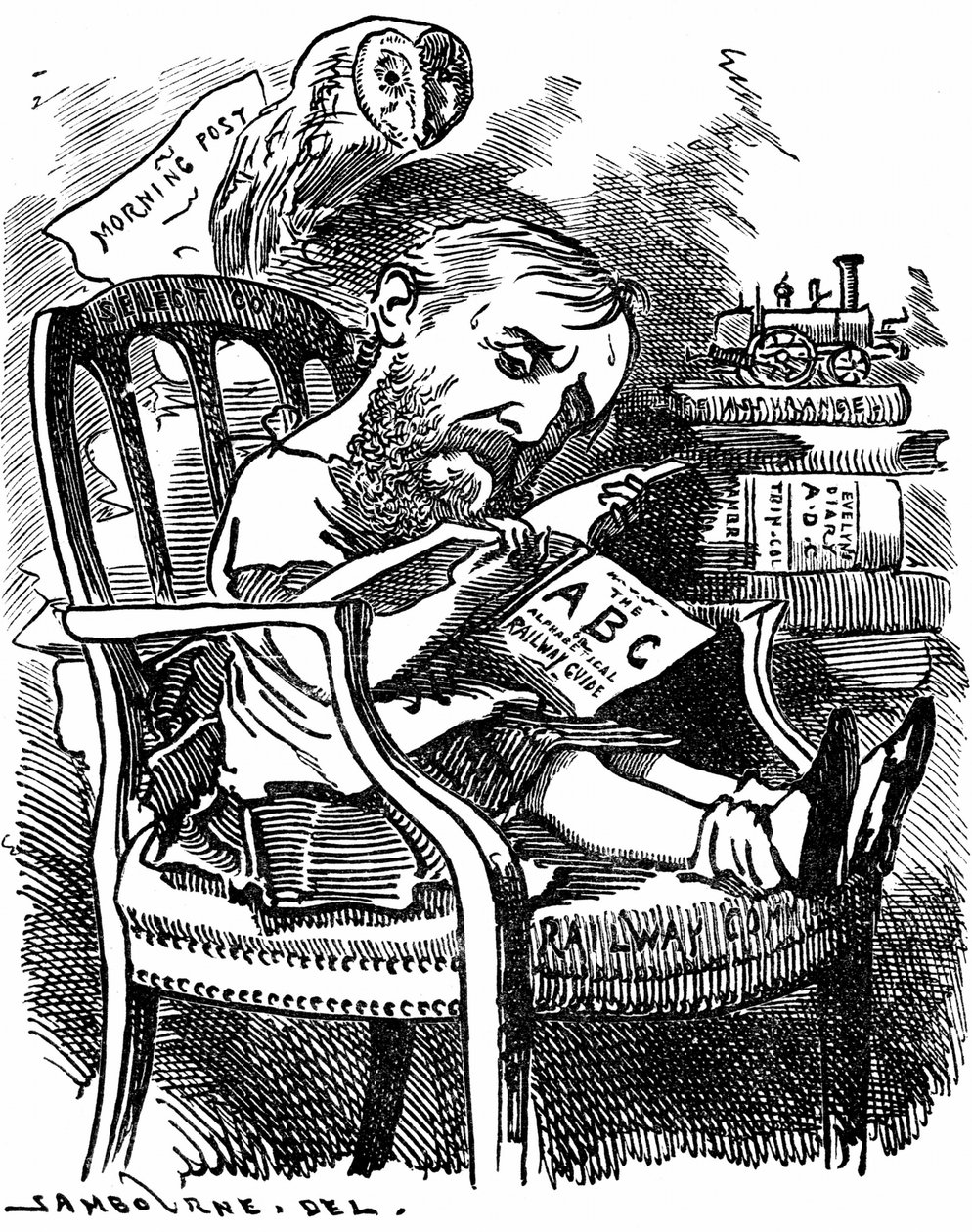 Evelyn Ashley (1836-1907) autora inglesa e política liberal: filho do 7º Conde de Shaftesbury. Desenho animado por Edward Linley Sambourne na série Fancy Portraits de Punch London, abril de 1881, quando Ashley era subsecretária da Junta Comercial. de Edward Linley Sambourne