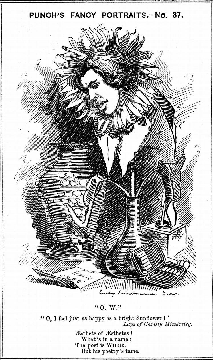 Oscar Wilde (1854-1900) dramaturgo irlandês, romancista, poeta e sagaz. Desenho animado por Edward Linley Sambourne da sua série 