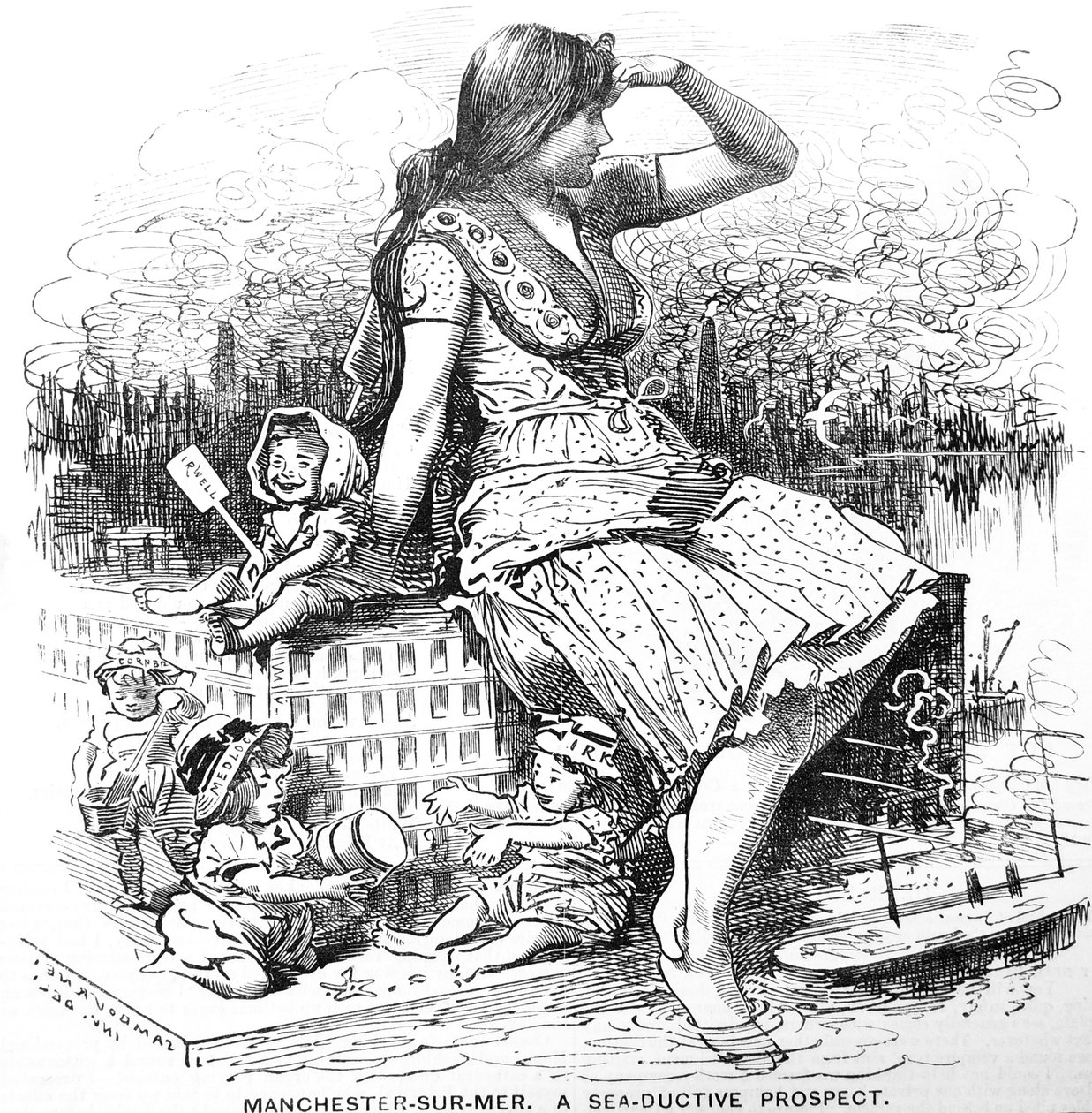 Prospecção para Manchester após a aprovação dos planos do Líder Edward William para o Manchester Ship Canal. Desenho animado por Edward Linley Sambourne de "Punch", Londres de Edward Linley Sambourne