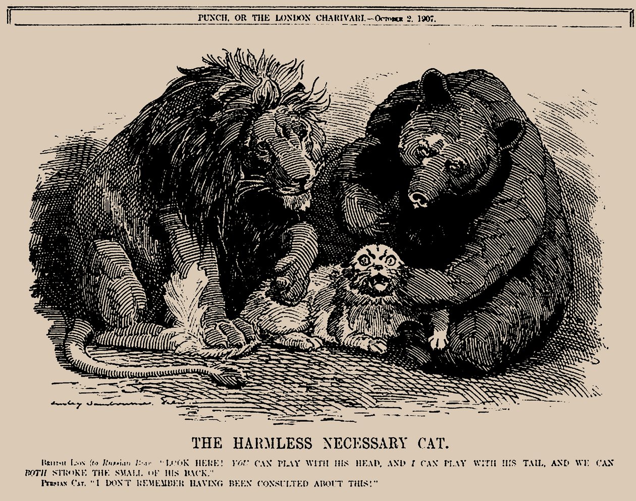 O gato necessário inofensivo. Punch, 2 de outubro de 1907, 1907. de Edward Linley Sambourne