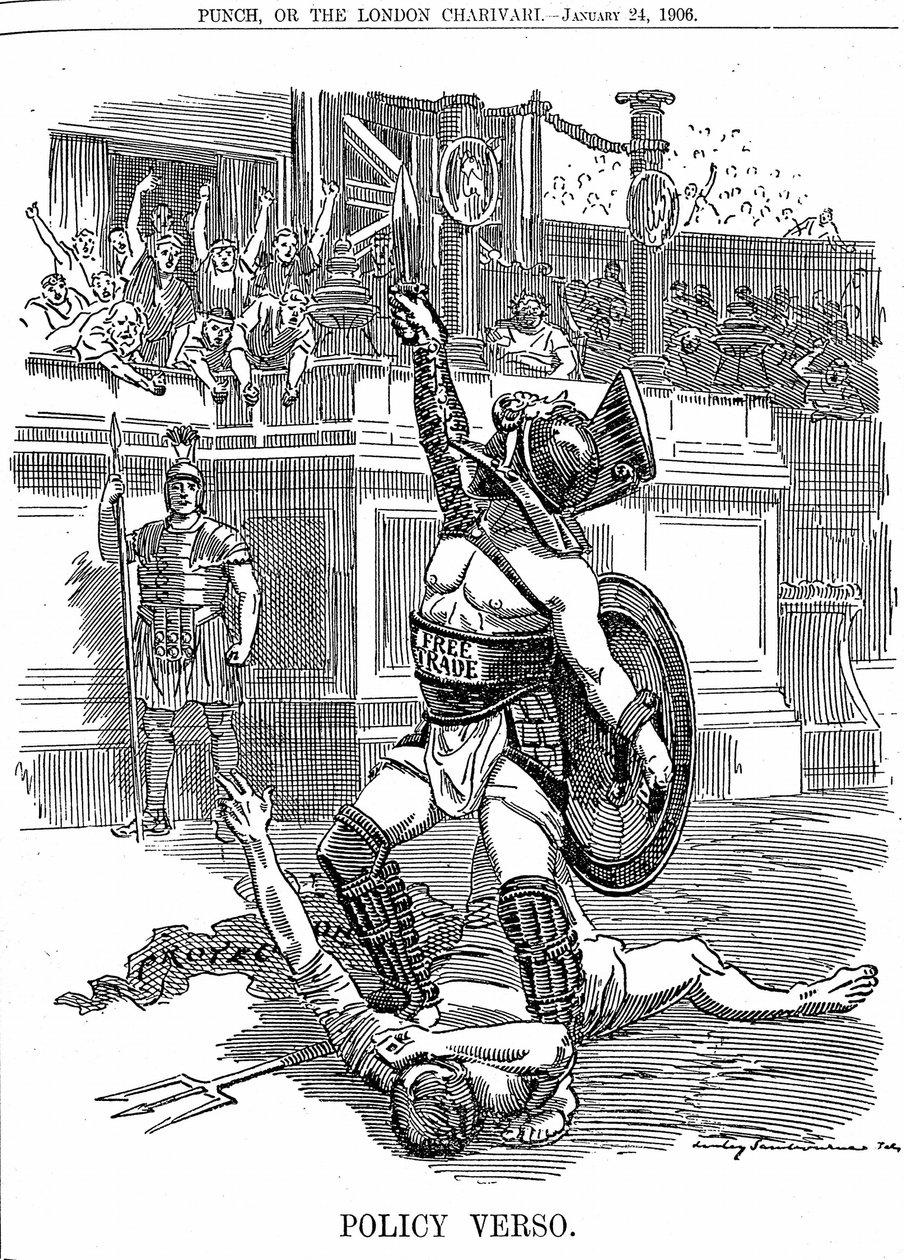 Com o retorno do governo liberal na Grã-Bretanha, em dezembro de 1905, o livre comércio foi a política, e não a política conservadora de proteção tarifária. Desenho animado por Edward Linley Sambourne de Punch London 24 de Janeiro de 1906 de Edward Linley Sambourne