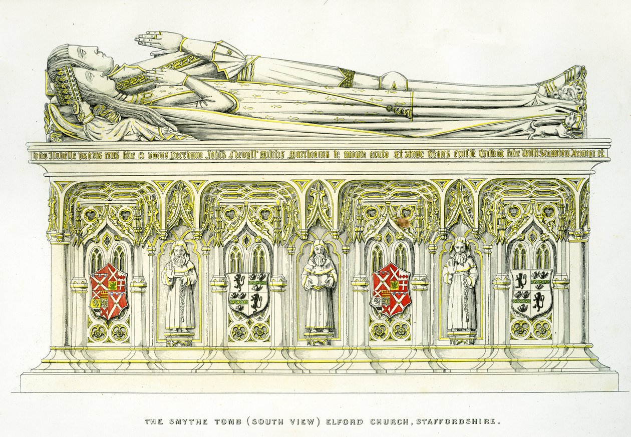 Lady Isabel Neville e seu segundo marido, Sir William Smythe, do Smythe Tomb, Igreja de São Pedro, Elford, Staffordshire, Inglaterra, 1848-9 (gravura colorida à mão) (ver também 741544 e 779760) de Edward M. Richardson