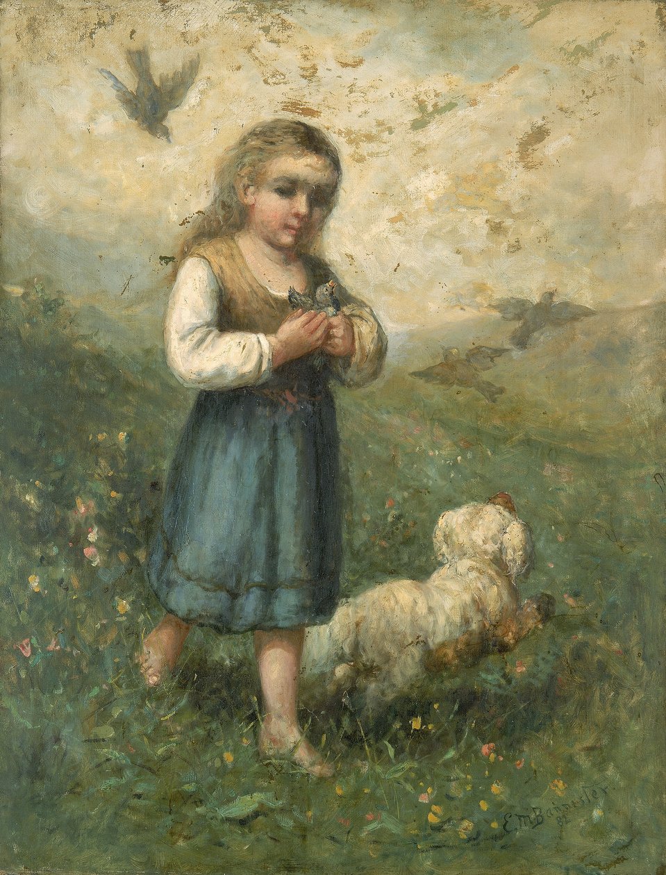Criança com pássaros e cão de Edward Mitchell Bannister