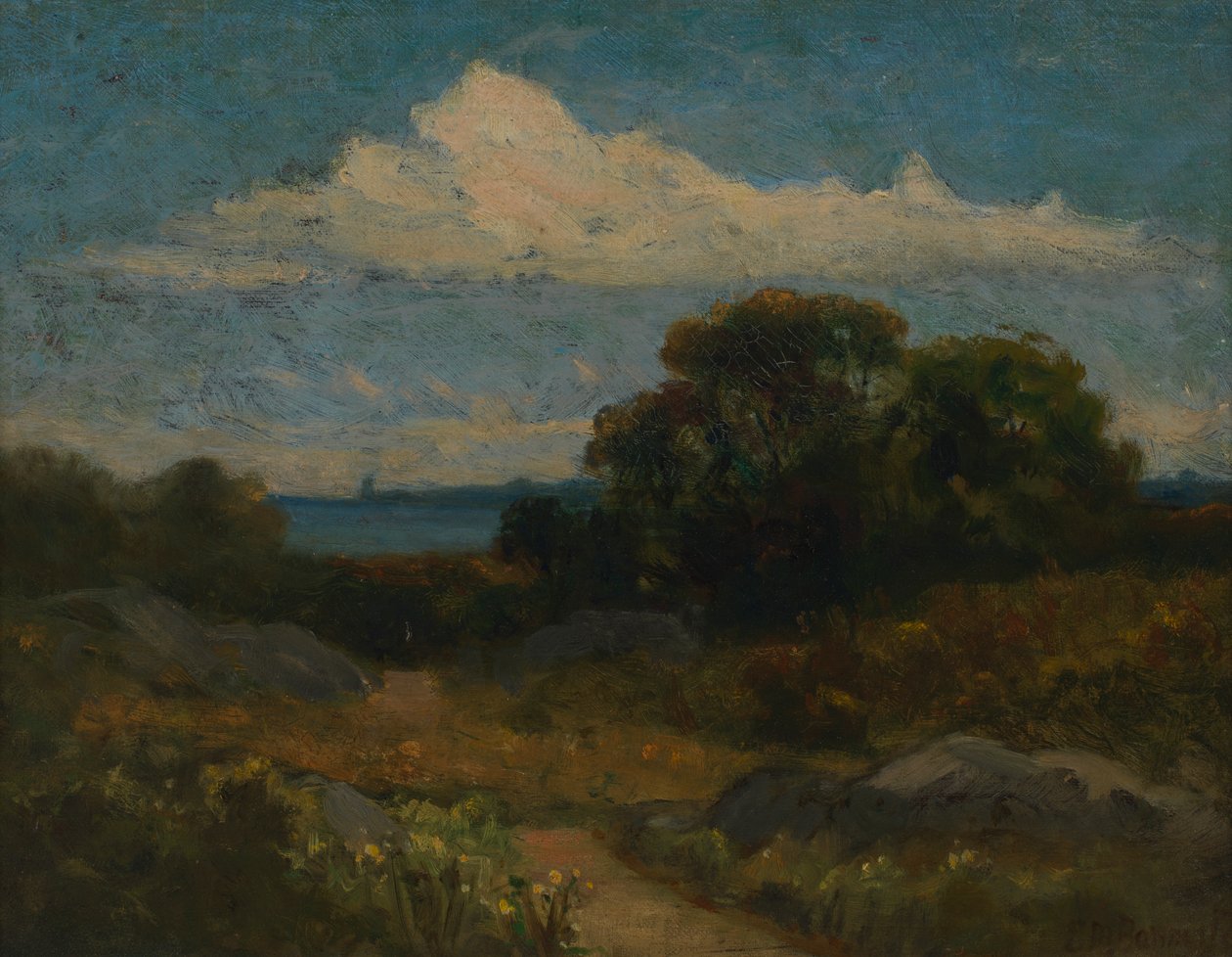 Ajardine árvores e rochas pelo lago. de Edward Mitchell Bannister