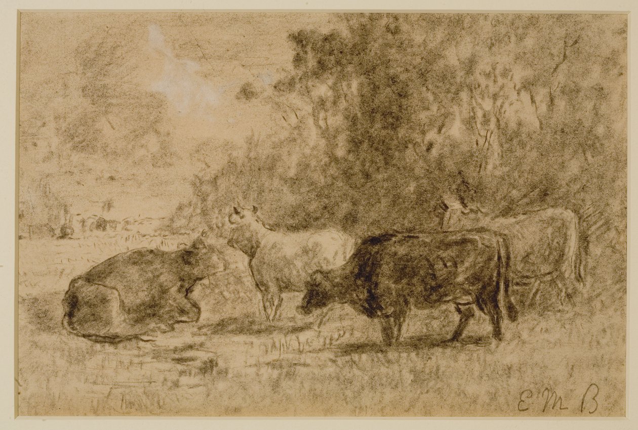 Paisagem com Quatro Vacas, c. 1880s (carvão sobre papel) de Edward Mitchell Bannister