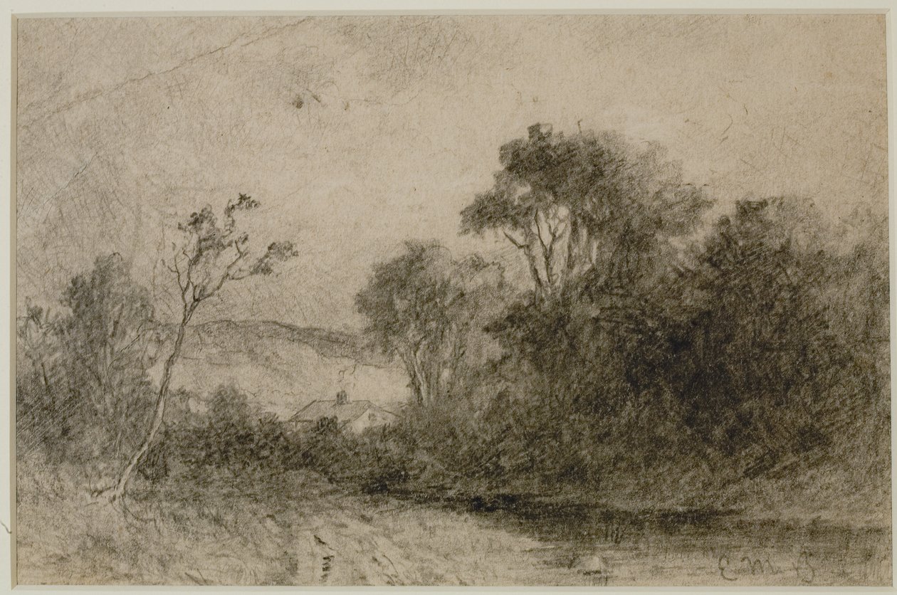 Paisagem com telhados atrás de árvores (#49) c. 1880 (grafite sobre papel) de Edward Mitchell Bannister