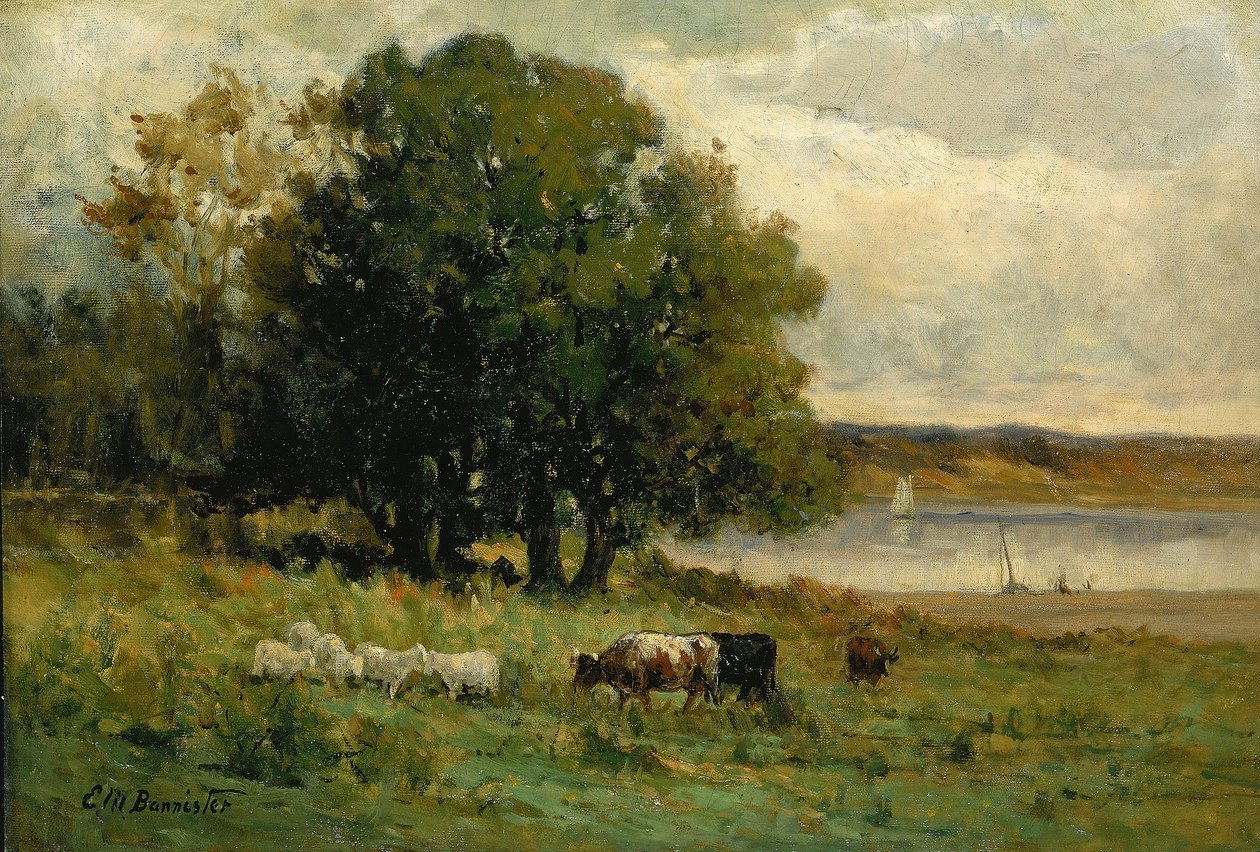 Sem título (gado perto de um rio com um barco à vela à distância) de Edward Mitchell Bannister