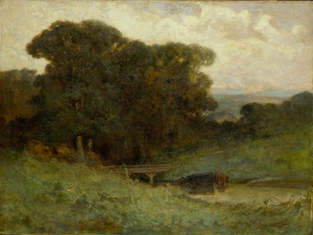 Sem título (cena de floresta com ponte, vacas no riacho em primeiro plano) de Edward Mitchell Bannister