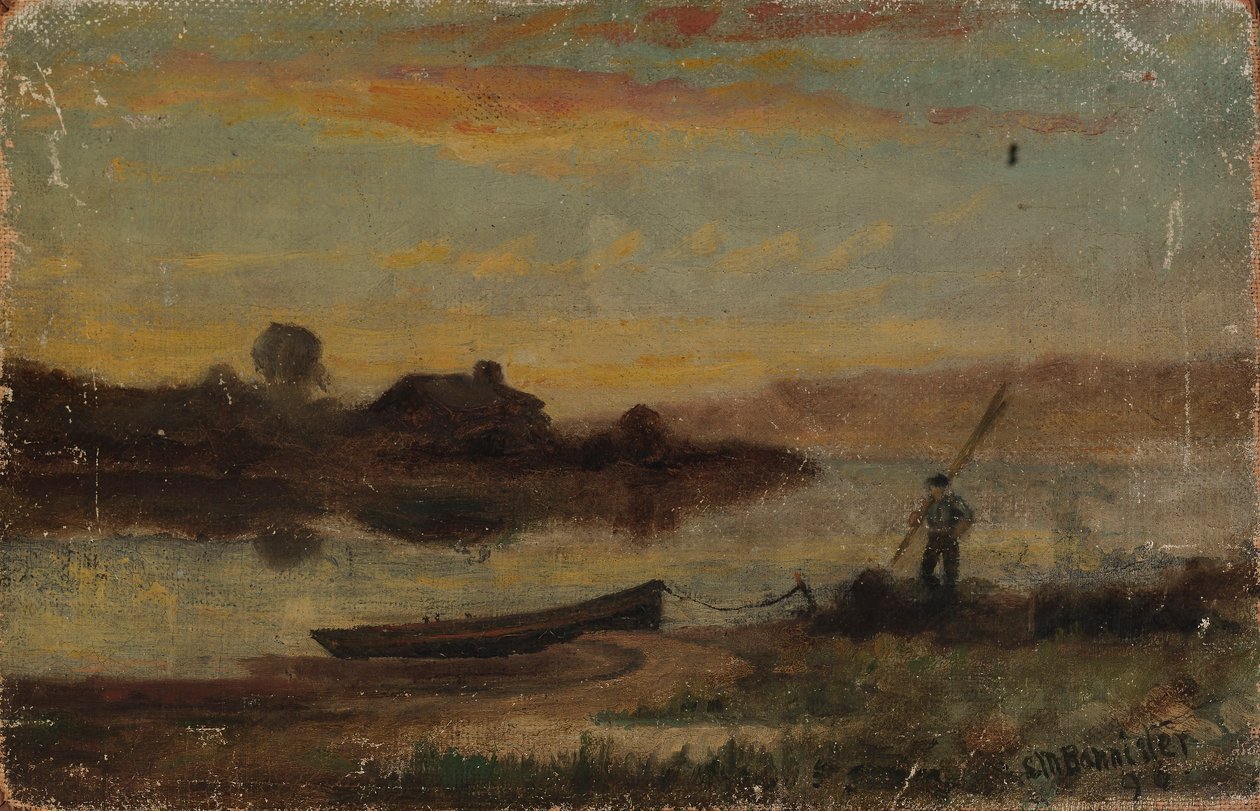 Sem título (paisagem, barco atracado perto da margem com um homem a caminhar) de Edward Mitchell Bannister