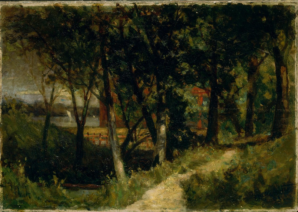 Sem título (paisagem, cena de floresta com vedação vermelha e edifício) de Edward Mitchell Bannister