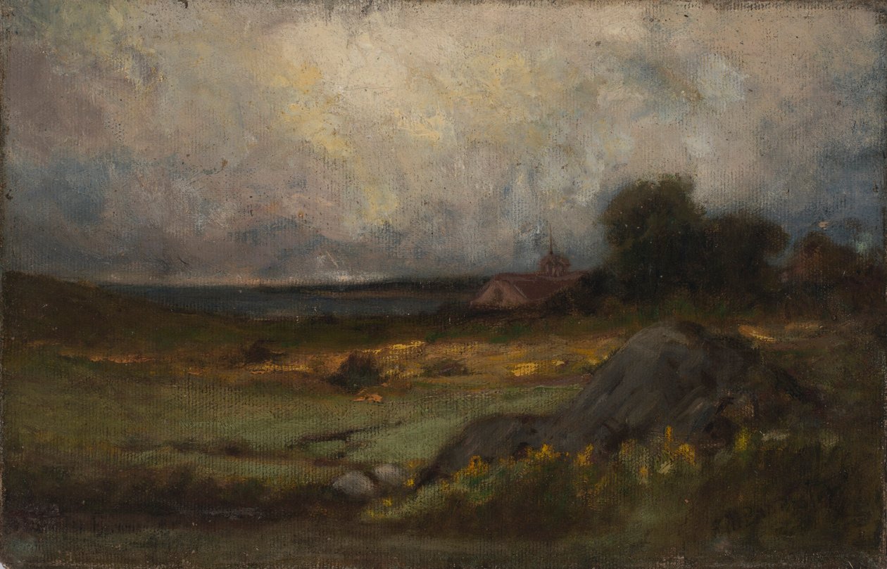 Sem título (paisagem com rocha em primeiro plano e telhado com campanário, lago ao fundo) de Edward Mitchell Bannister