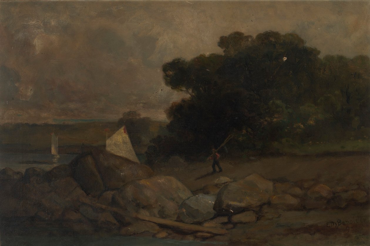 Sem título (paisagem com rochas, homem e barcos à vela) de Edward Mitchell Bannister